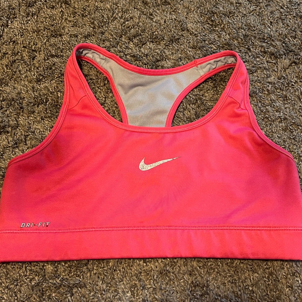 Nike Dri-FIT Racerback Sports Bra Pink Silver Swoosh Logo Workout Top